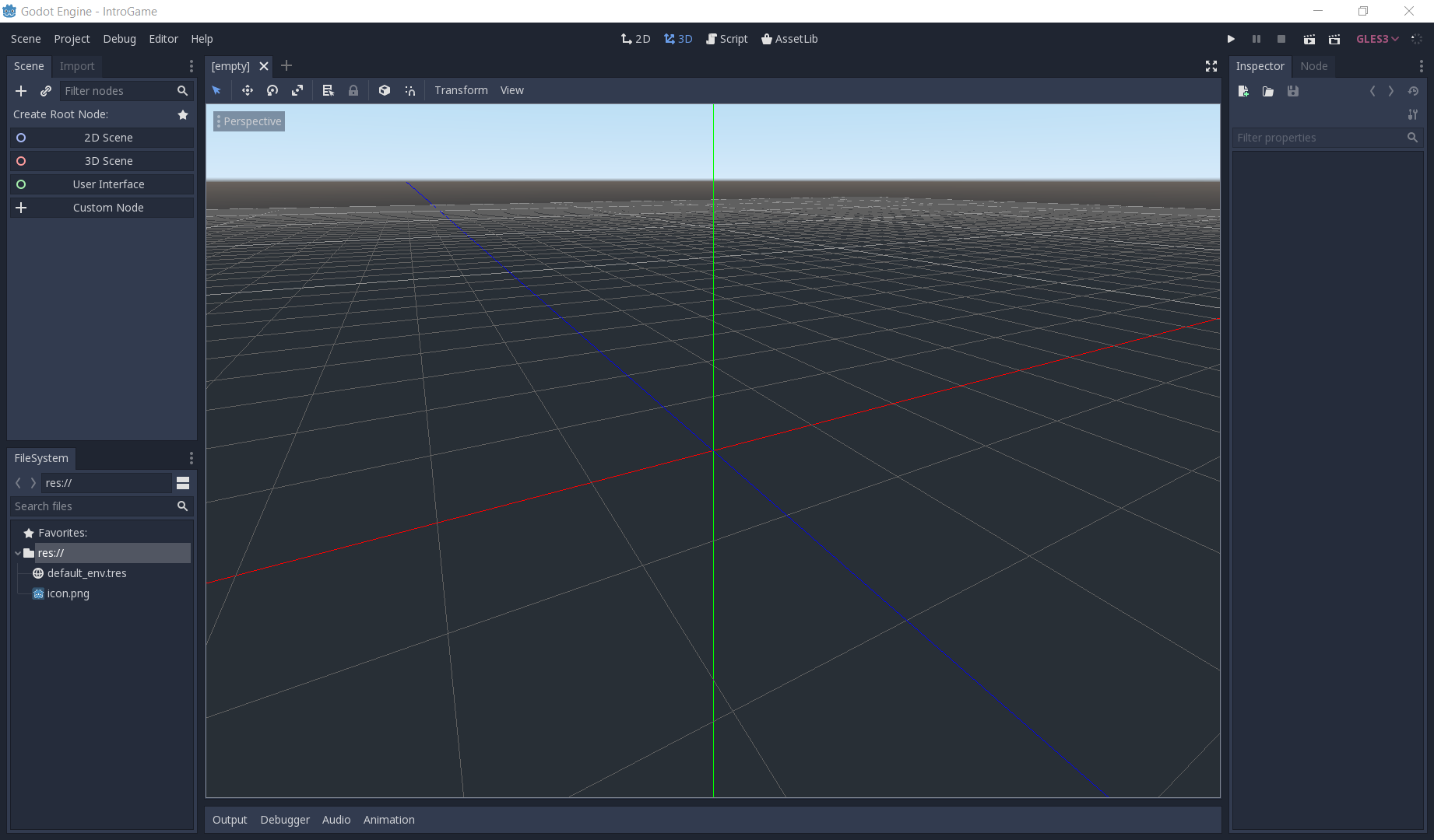 Tampilan default Godot Editor